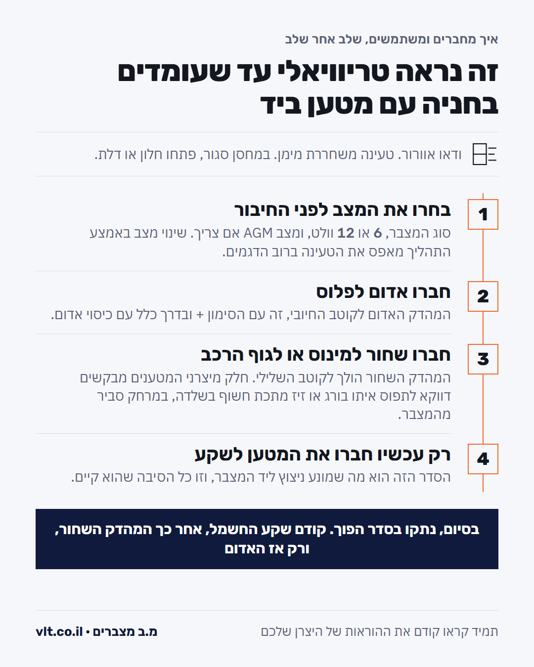 מטען מצבר לרכב: ארבעת שלבי החיבור לפי הסדר, מבחירת המצב ועד חיבור לשקע