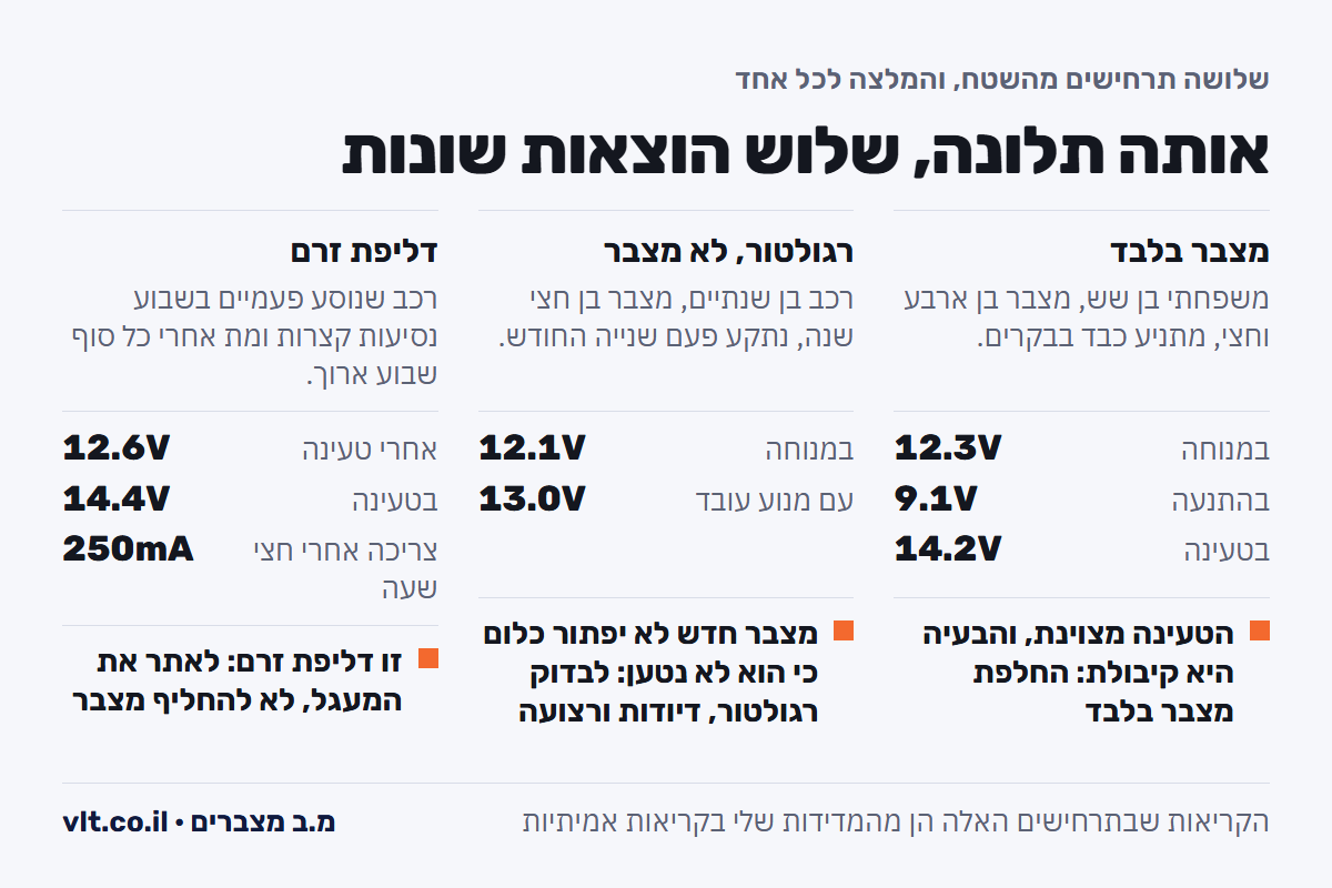 המצבר נגמר או אלטרנטור: שלושה תרחישים מהשטח עם המדידות, והמסקנה השונה בכל אחד