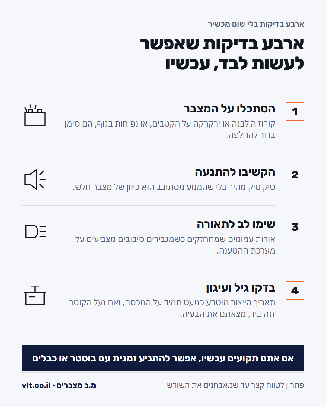אבחון מצבר: ארבע בדיקות בלי מכשיר, מראה המצבר, צליל ההתנעה, התאורה בלוח וגיל המצבר