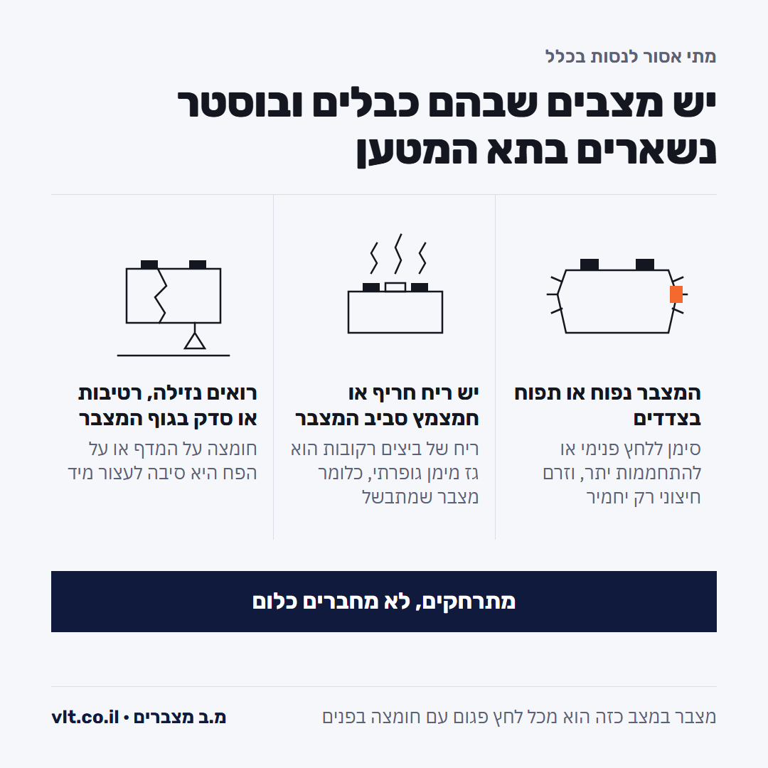 התנעה בכבלים: שלושה מצבים שבהם לא מחברים כלום, מצבר נפוח, ריח חריף סביבו ונזילה או סדק בגוף