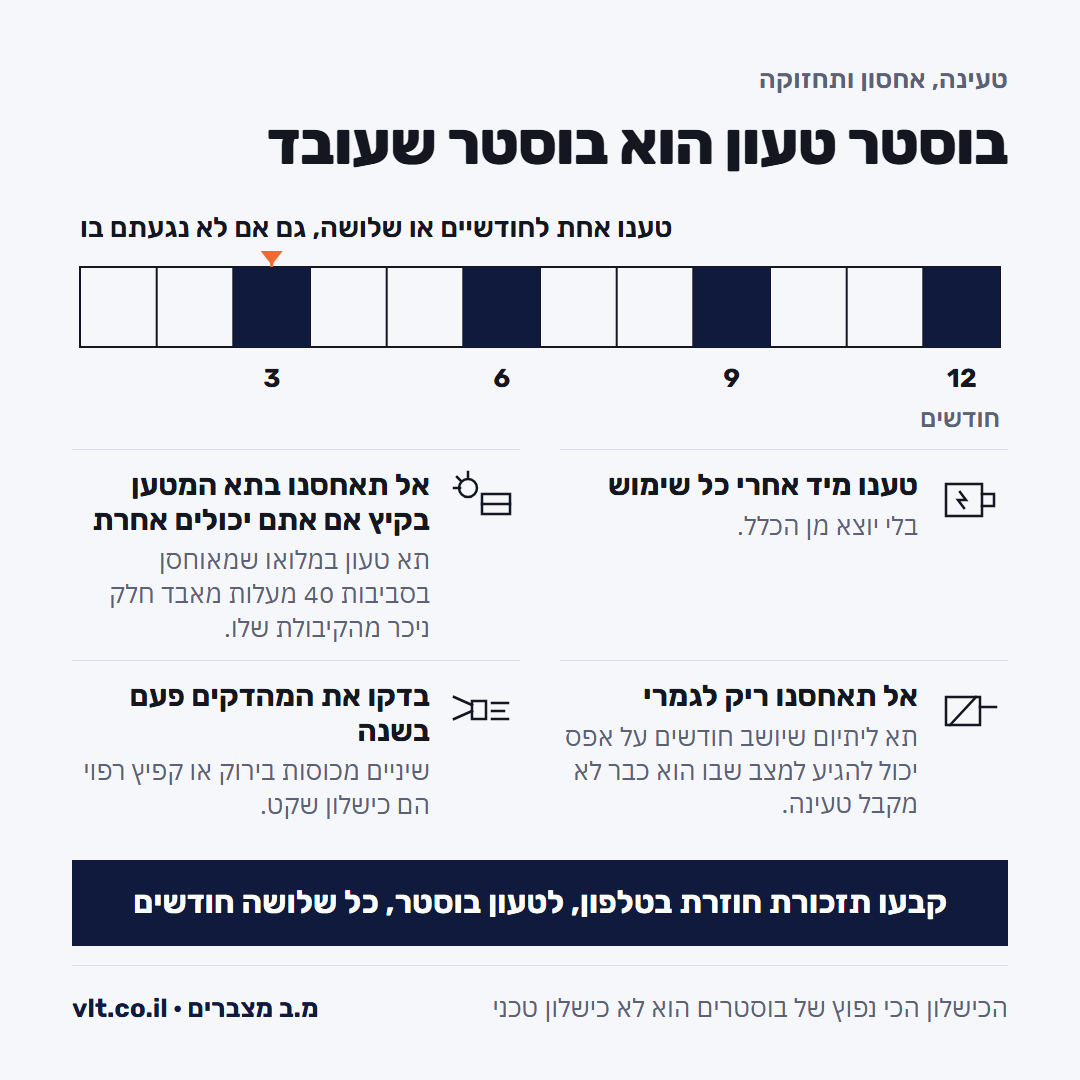 בוסטר התנעה לרכב: לוח טעינה ואחסון, אחת לחודשיים או שלושה, ומיד אחרי כל שימוש