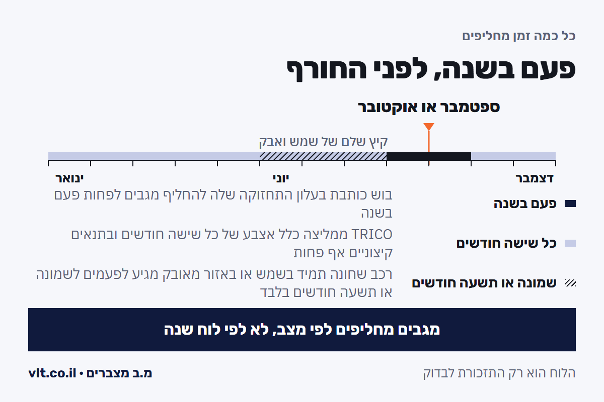 החלפת מגבים לרכב: ציר שנה שמסמן קיץ של שמש ואבק כתקופת השחיקה, וספטמבר או אוקטובר להחלפה